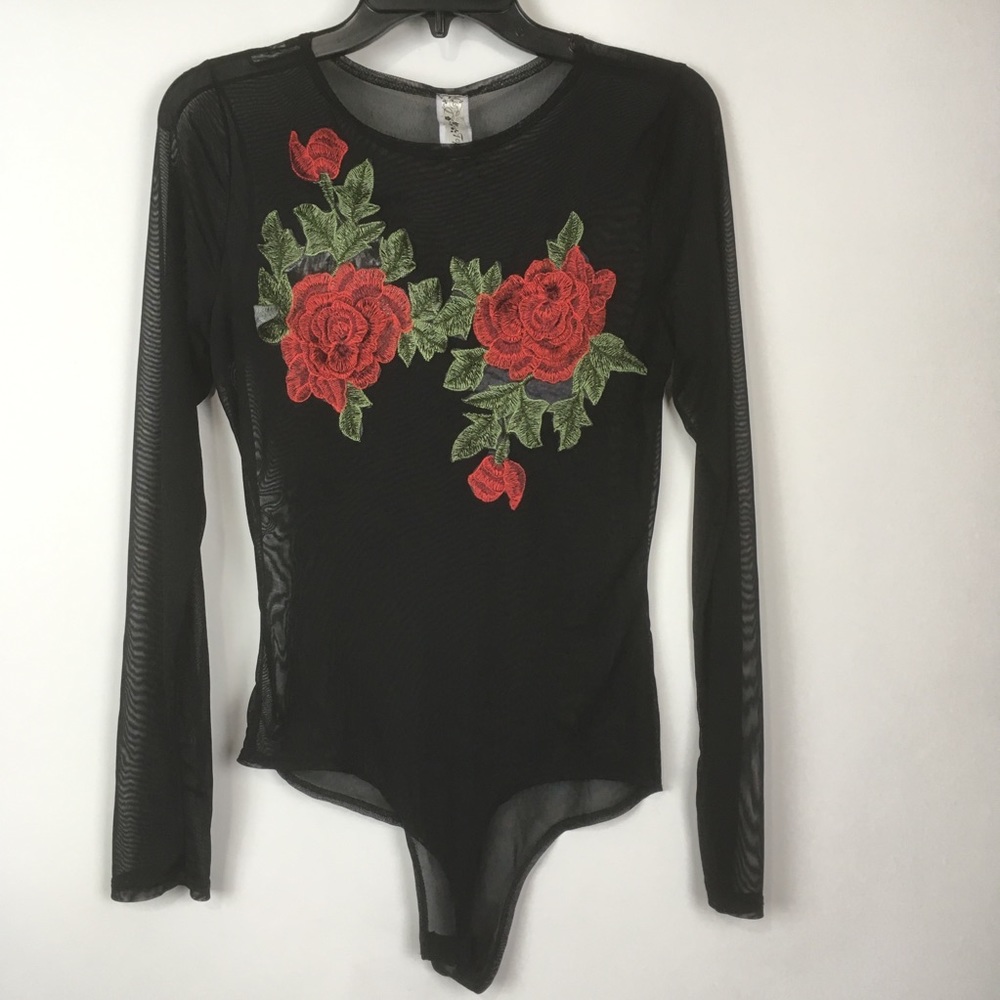 Sheer black floral appliqué bodysuit xl